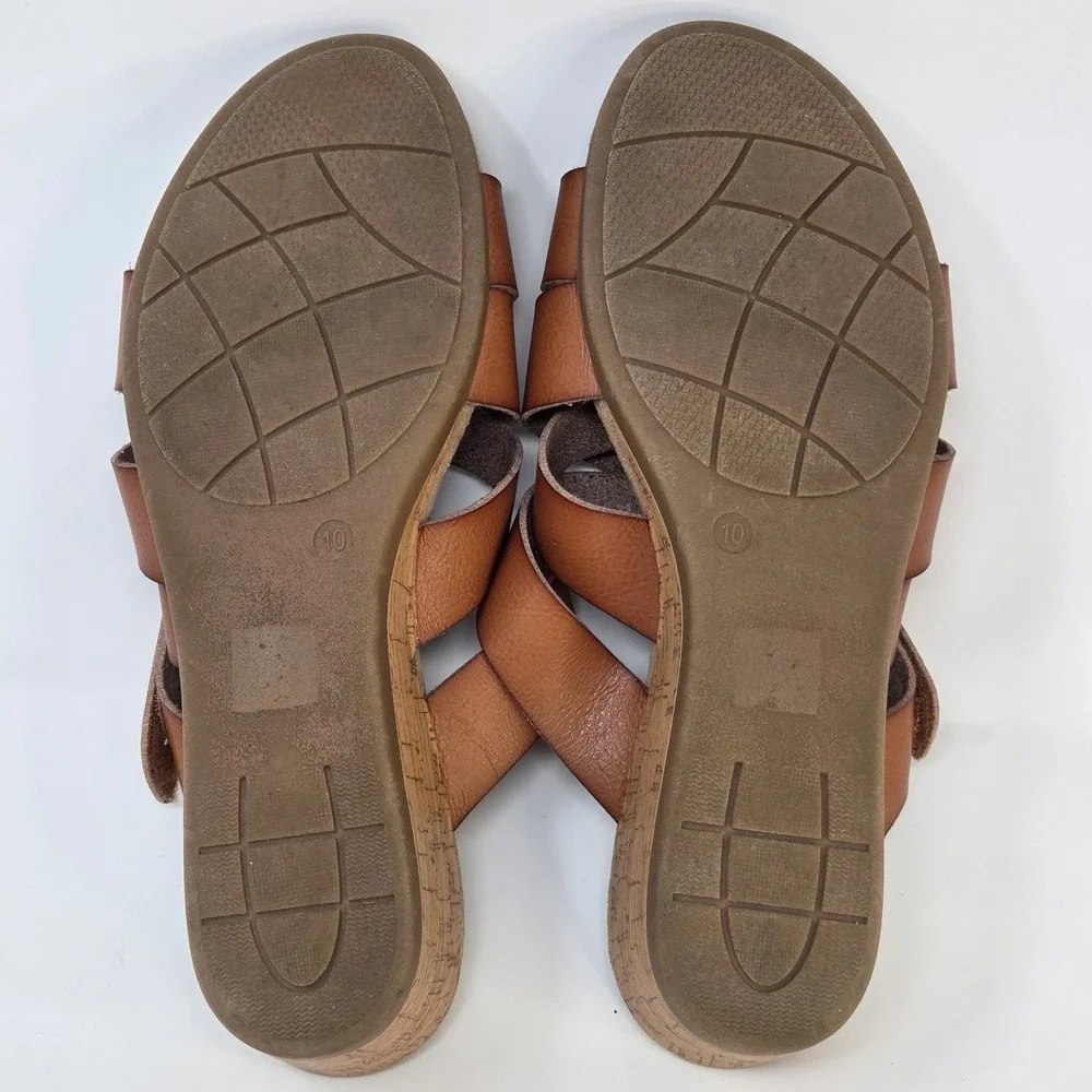 Bjorndal Womens Tan Cognac Strappy Cork Wedge Sandals Hook Loop Closure Size 10